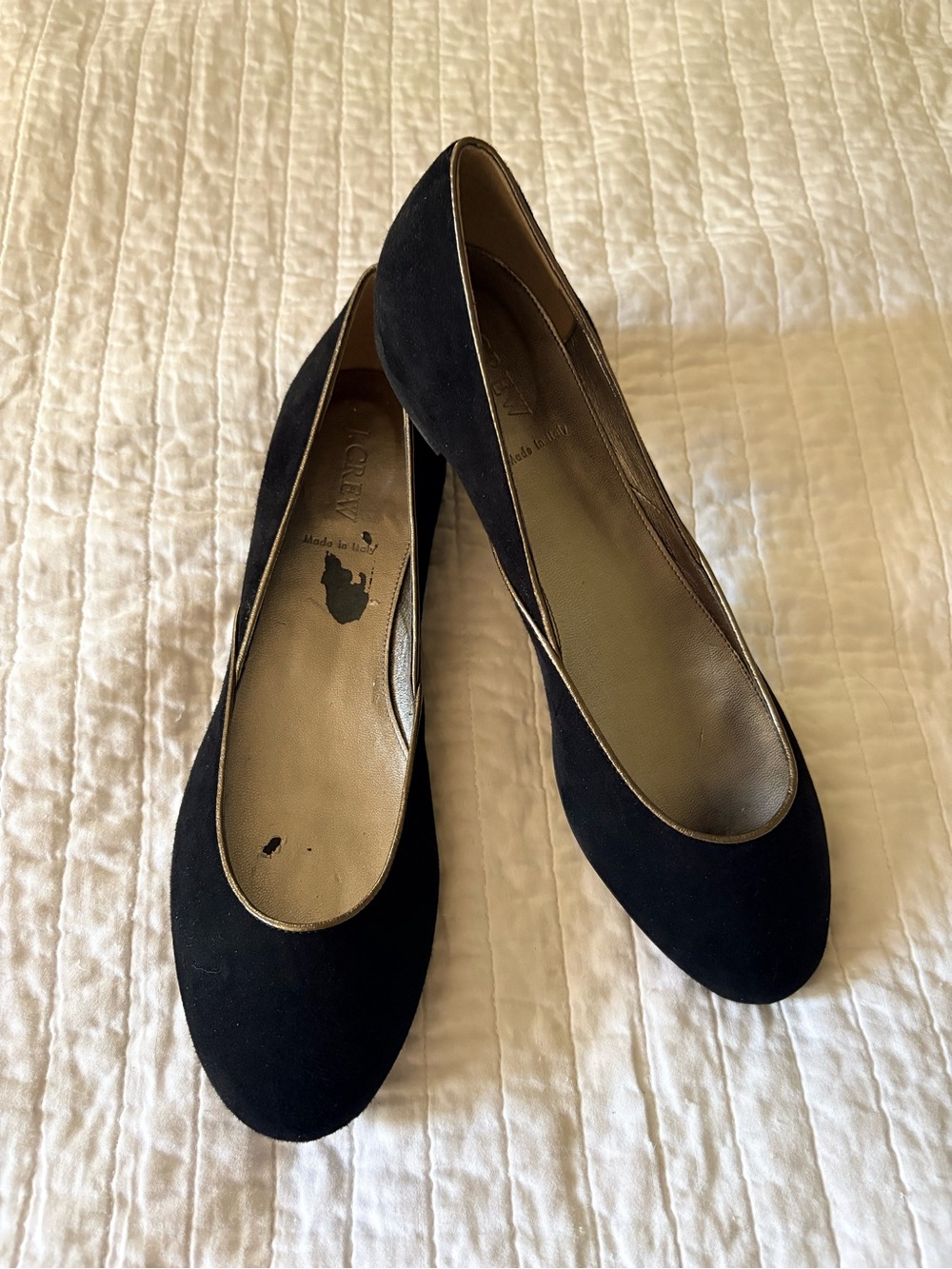 J Crew Black Suede Ballet Flats Gold Trim Italy Size 10 New